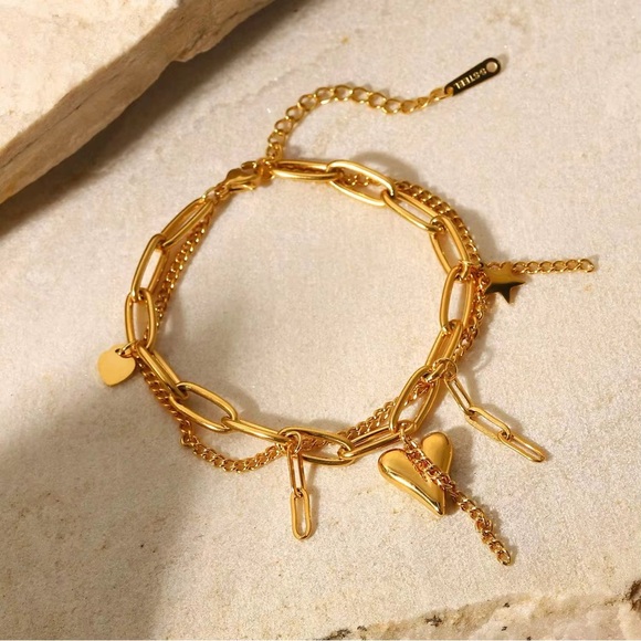 18K Gold Plated - Heart Charm Bracelet - Picture 1 of 7